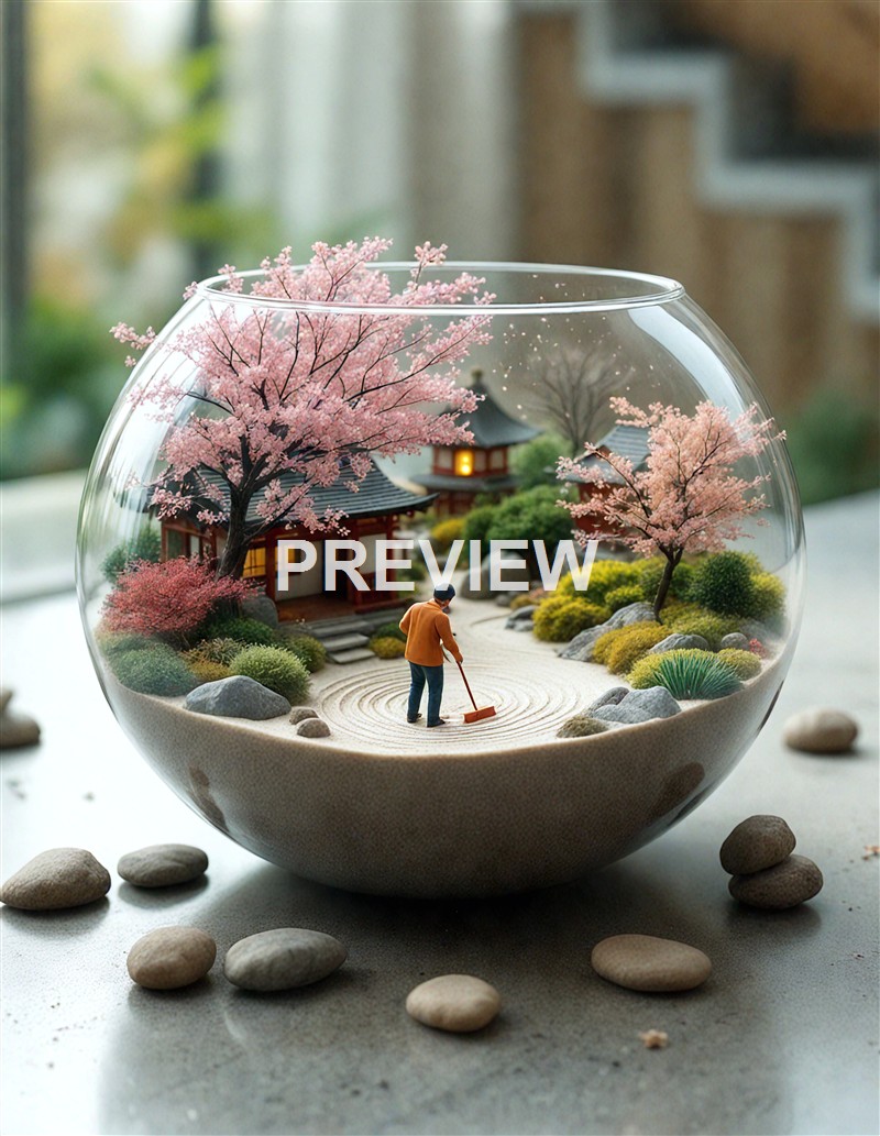A miniature Zen garden scene inside a glass bowl features a tiny person raking sand, surrounded by pink cherry blossom trees, small shrubs, rocks, and traditional Japanese-style buildings.